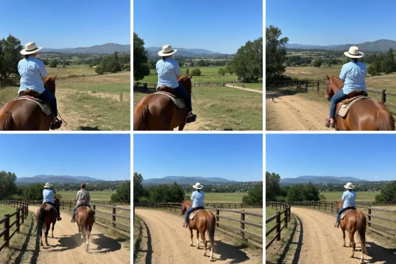 Six-panel composite of a rider on a chestnut horse moving through Temecula Valley horse-property settings: open pastures, fenced trails, rolling foothills