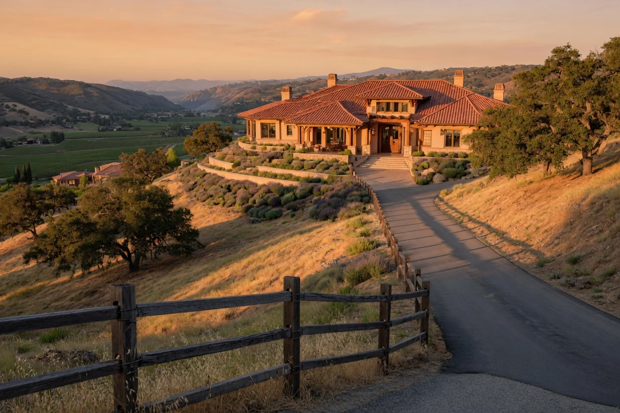 Larger custom estate home with terracotta tile roof set into oak-covered hills above Temecula with acreage and split-rail fencing at golden hour, Temecula CA