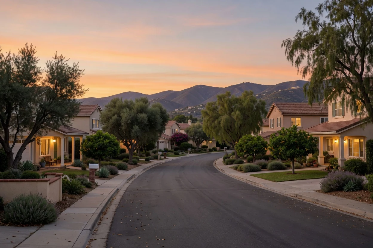 Quiet established Temecula residential street at warm dusk with Spanish-tile roofs, mature trees, and porch lights beginning to glow, Temecula CA