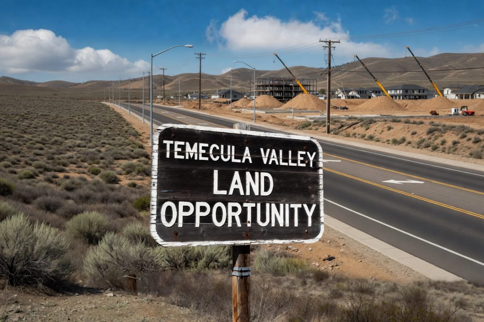 Temecula Valley Land Opportunity roadside sign with a small commercial build-out and tract housing rising in the background