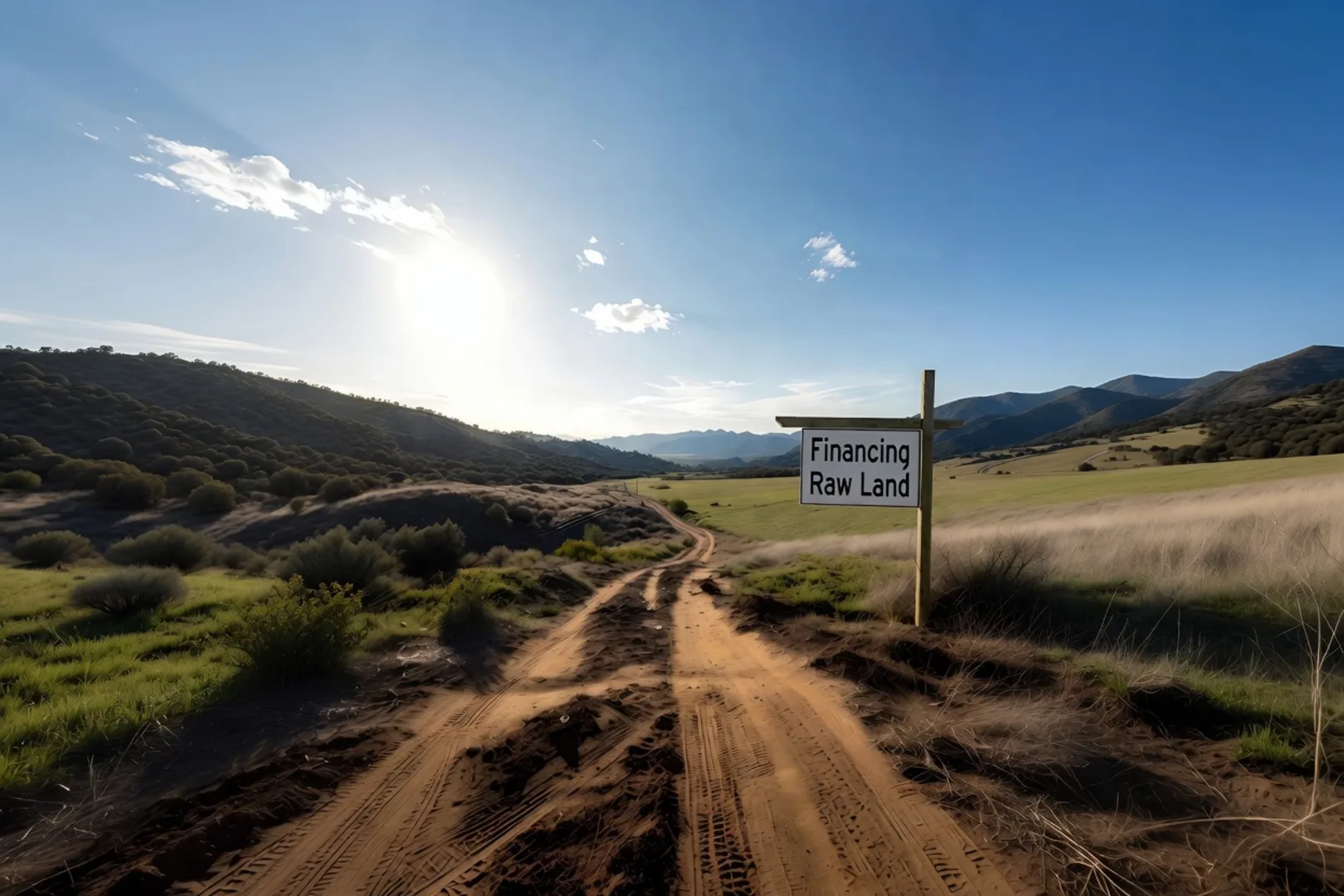 Sun-soaked dirt road winding into a Temecula valley with rolling hills, scattered scrub, and a wooden sign reading Financing Raw Land