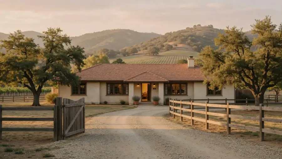 Golden-hour Spanish-style ranch home with open gate and glowing doorway, Temecula CA