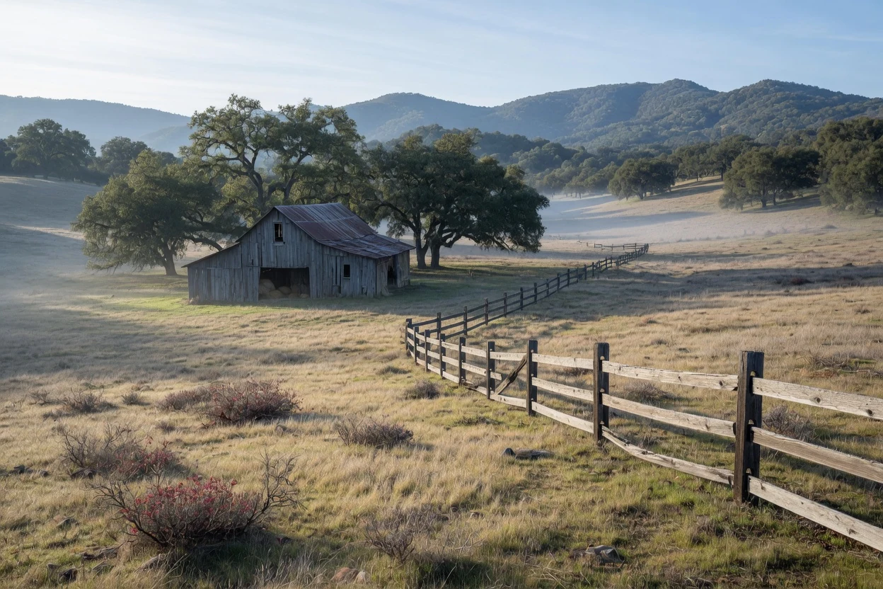 Cold clear morning light on open acreage with a split-rail fence line and a weathered barn among oaks, Temecula CA