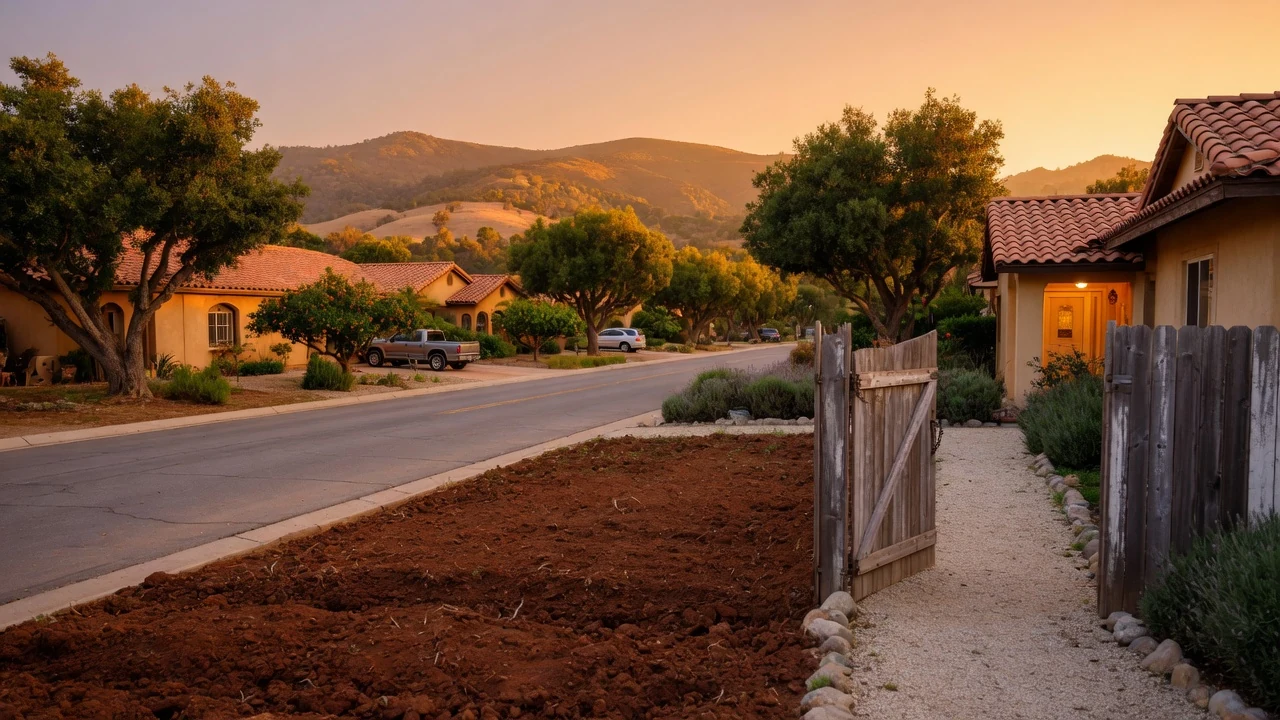 Golden-hour residential street of Spanish tile roof homes with an open gate and lit doorway, Temecula CA