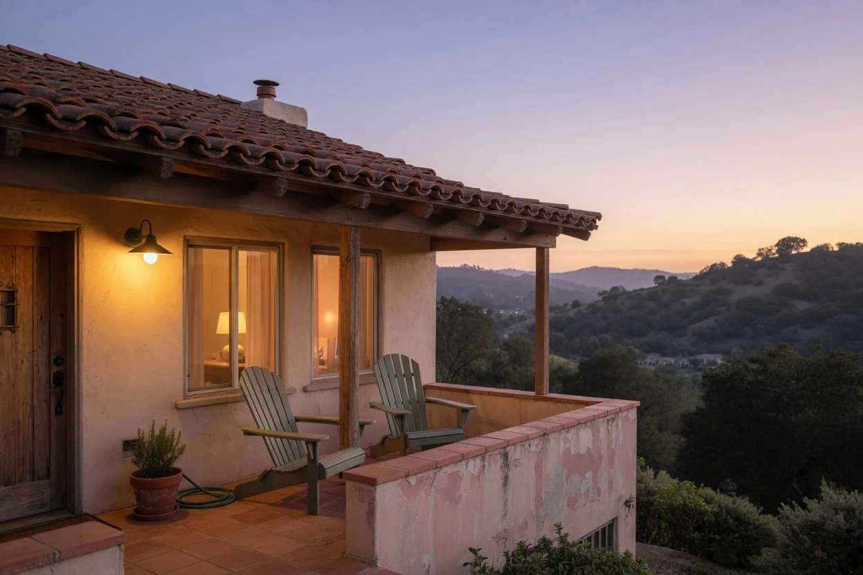 Front porch with a warm lamp and glowing windows at early twilight over the valley, Temecula CA