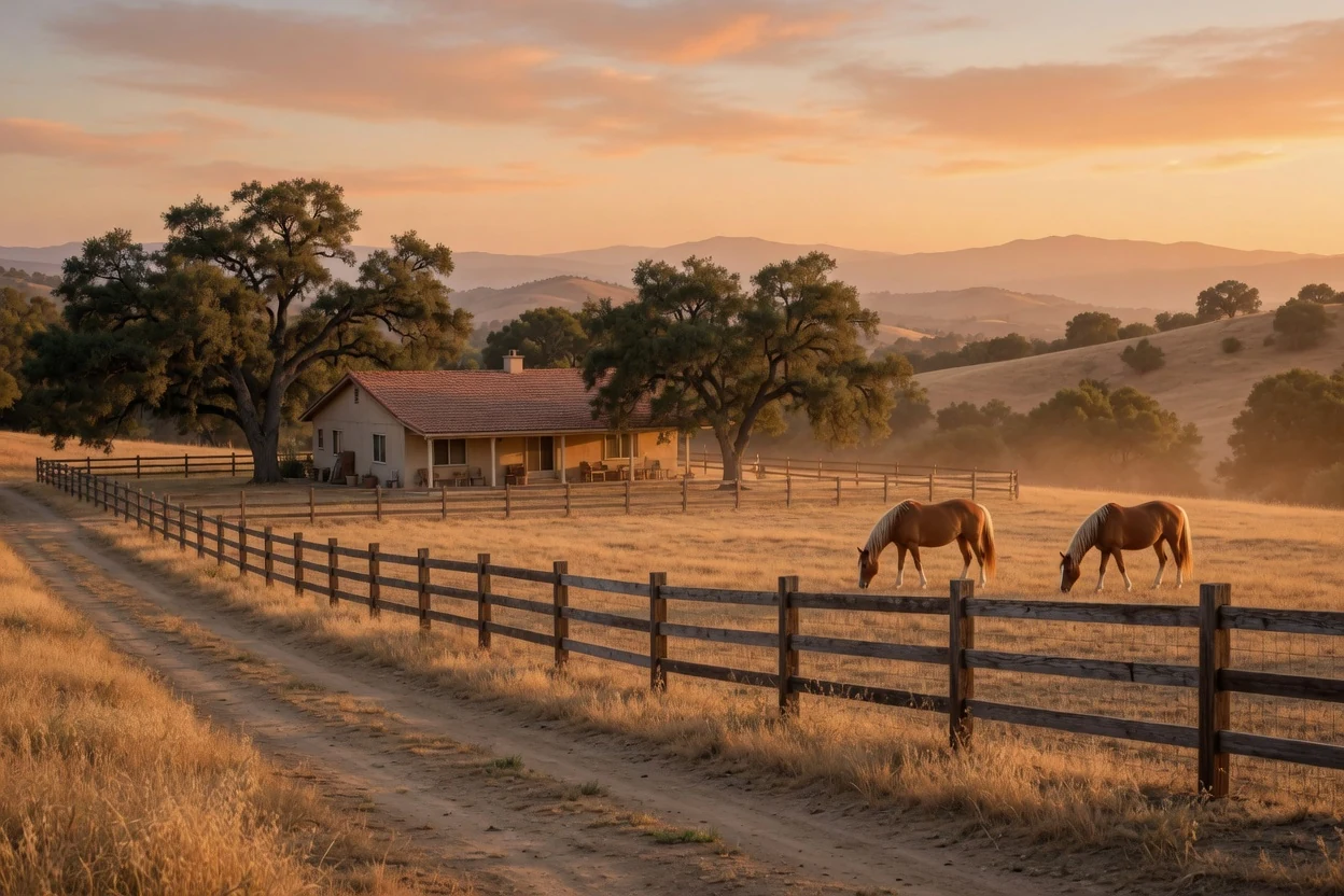 Temecula ranch acreage property with split-rail fencing, oak trees and golden hills at dusk, Temecula CA
