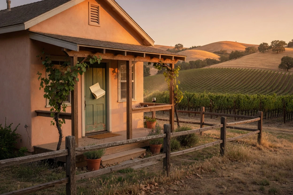 Temecula wine-country home with front porch and split-rail fencing at golden hour, rolling vineyard rows in background, Temecula CA