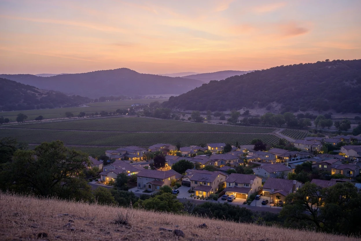 Temecula valley at early civil twilight, Spanish-tile neighborhoods below with soft lights, vineyard rows and oak ridgelines, Temecula CA
