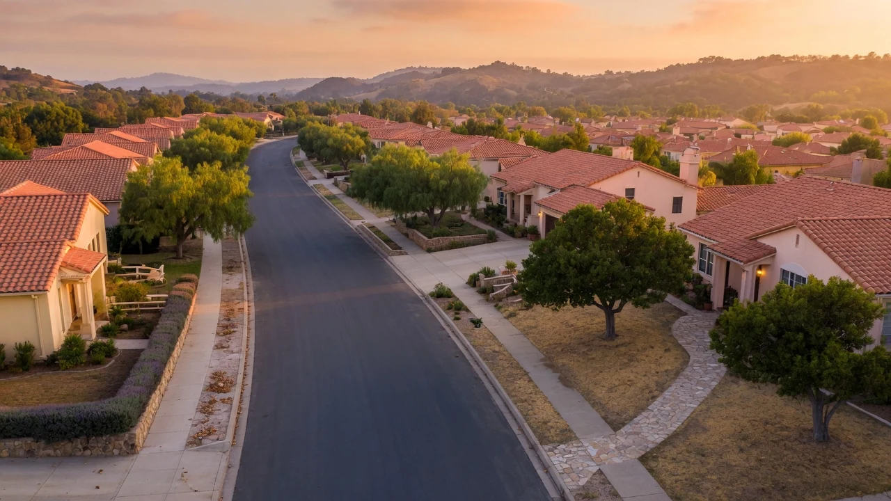 Aerial view of Temecula residential neighborhood with Spanish-tile rooftops nestled among oak hills, warm golden-hour light, Temecula CA