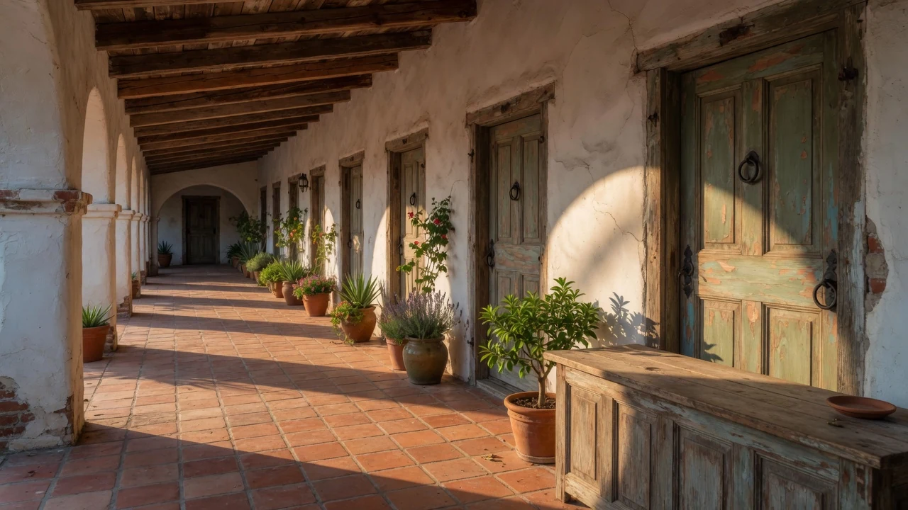Spanish colonial covered arcade with a receding row of wooden doorways in late afternoon light, Temecula CA