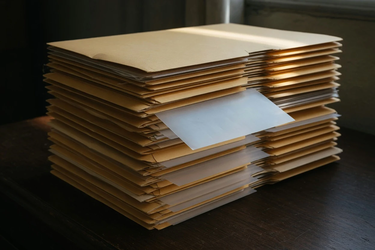 Stack of manila loan files in low light with one translucent file that is almost invisible, Temecula CA