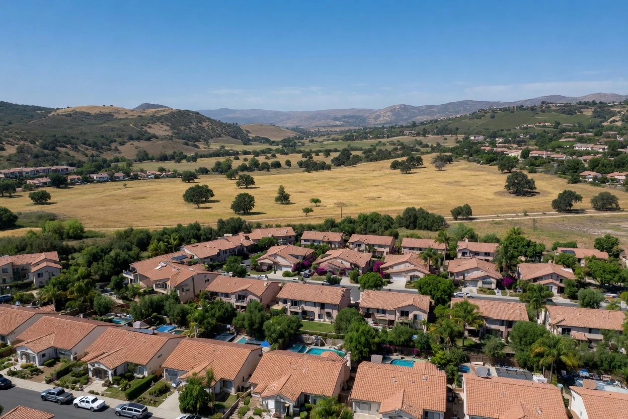 Midday view over tract rooftops with open golden acreage and ridgeland beyond, Temecula CA