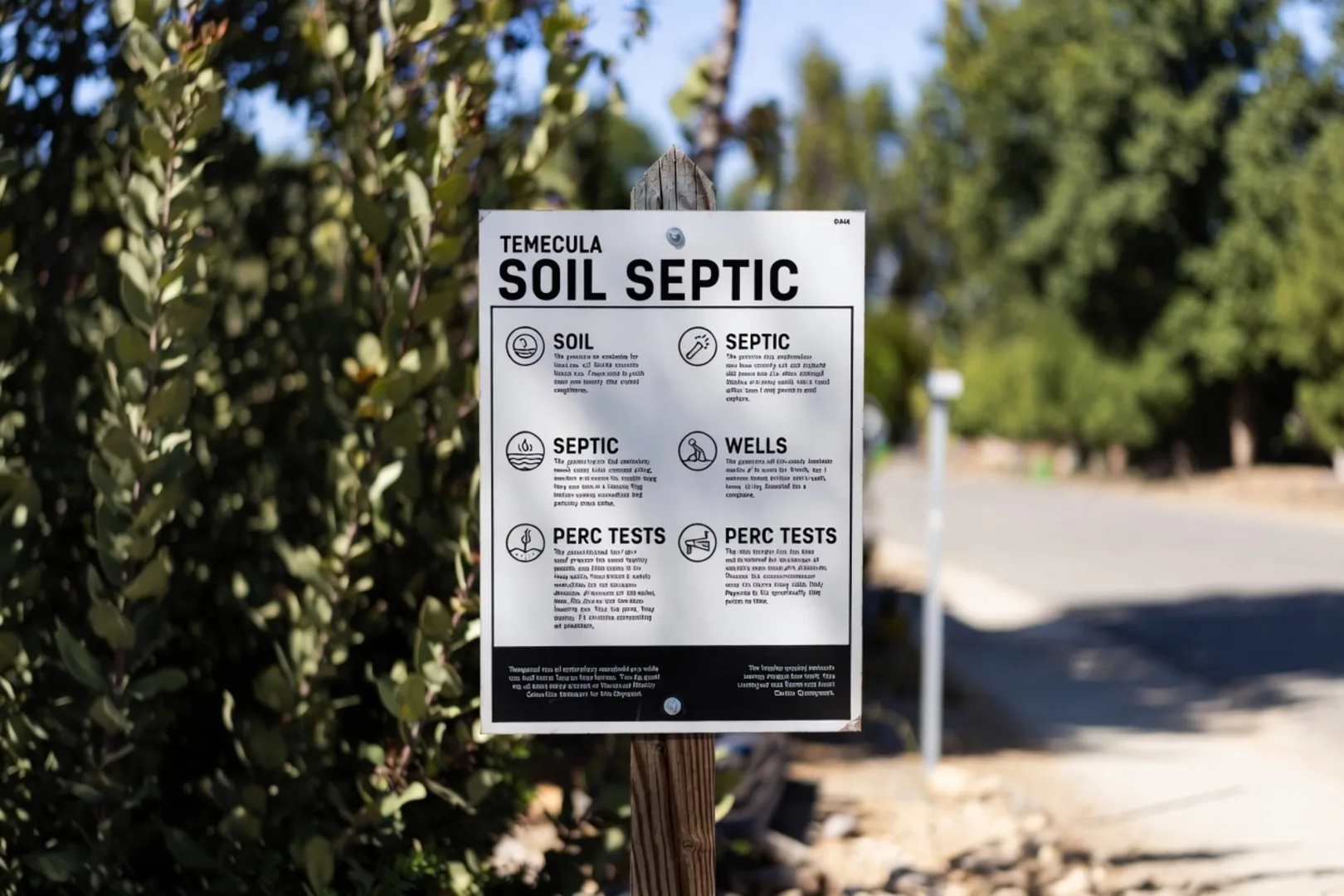 Roadside checklist sign in a Temecula neighborhood listing soil, septic, wells, and perc tests, framed by green shrubs and trees