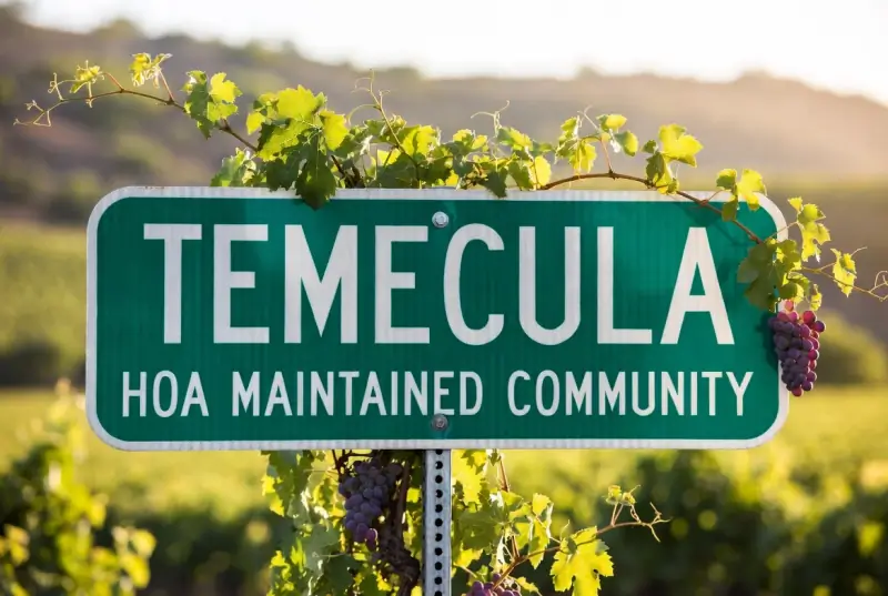 Green Temecula HOA Maintained Community road sign with grapevines and Wine Country hills in the background