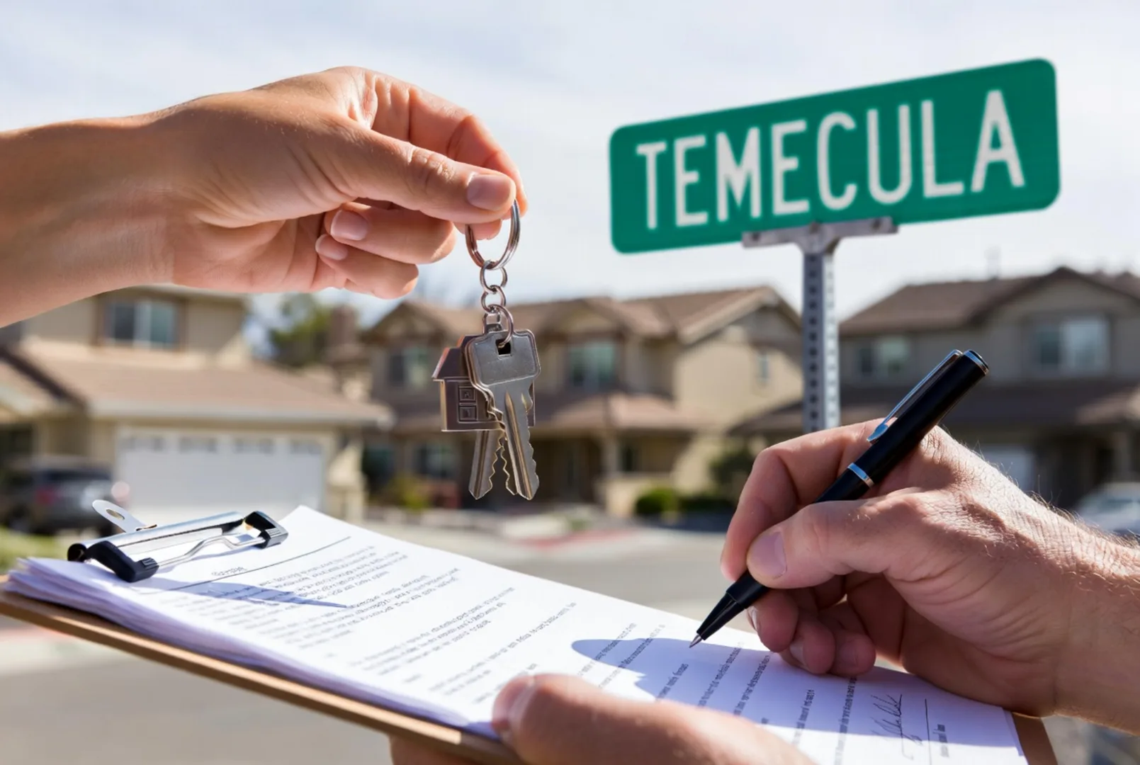 A buyer receives house keys while signing closing documents in front of a Temecula street sign