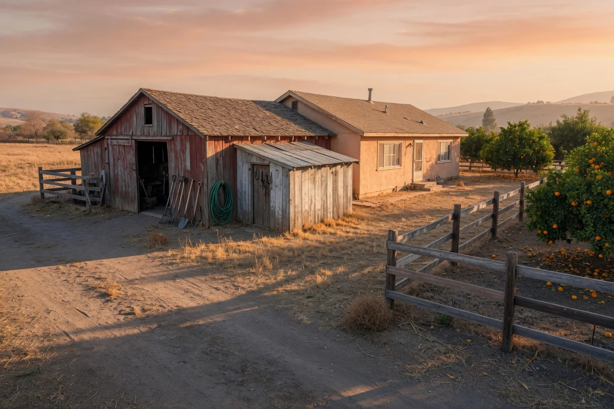 Weathered barn and tack shed beside a modest ranch house with split-rail fencing and citrus at golden hour, Temecula CA area