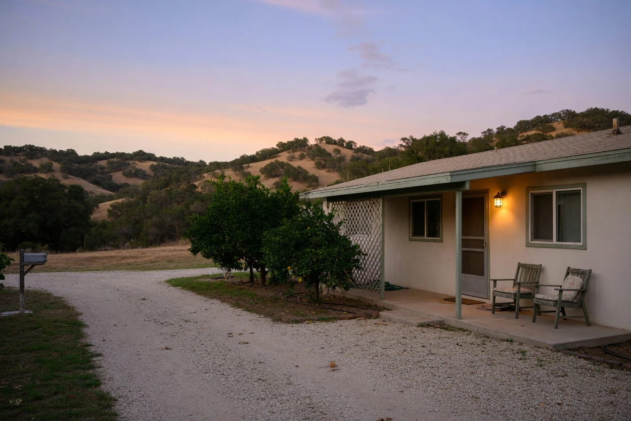Modest single-story ranch house with lit porch at twilight on the rural edge of the Temecula valley, Temecula CA