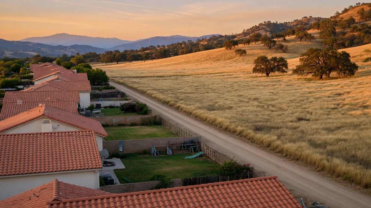 Golden hour view of the boundary where a Riverside County subdivision meets open oak grassland, Temecula CA