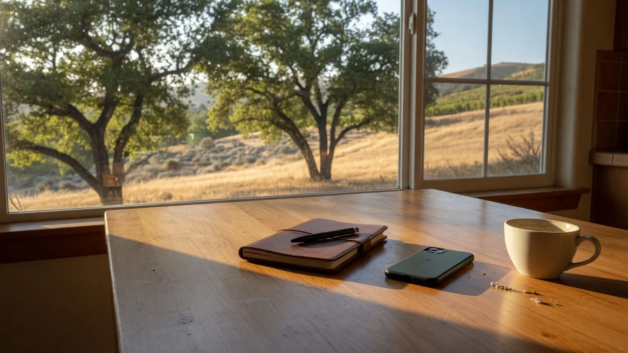 Sunlit wooden table with a closed notebook and phone beside a window looking onto oaks and golden hills, Temecula CA