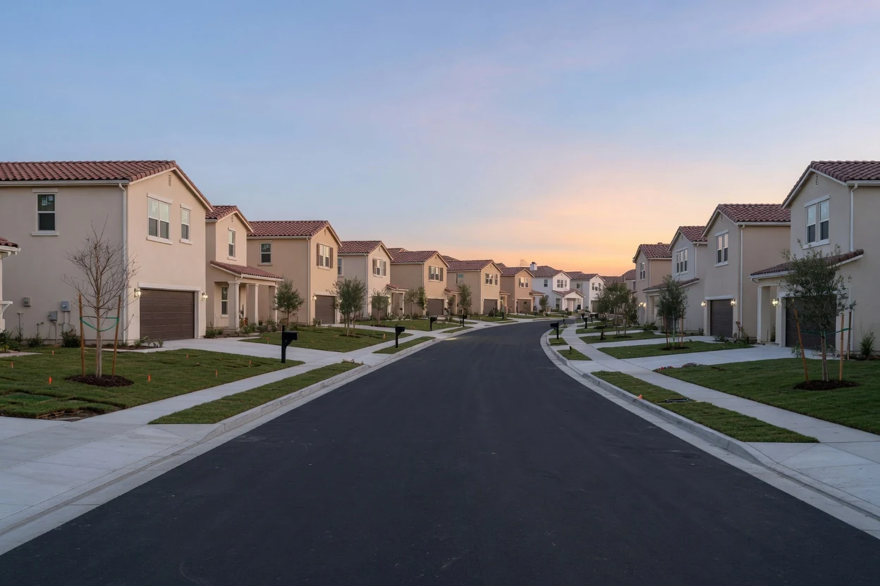 Street of newly finished homes with young staked trees at blue hour before sunrise, Temecula CA