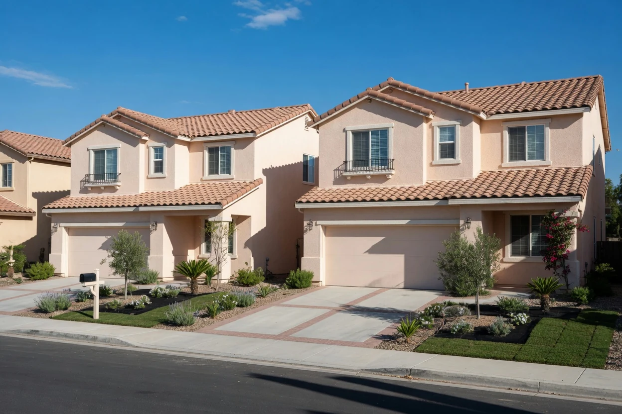 Two near-identical stucco tract homes side by side under hard late morning light, Temecula CA
