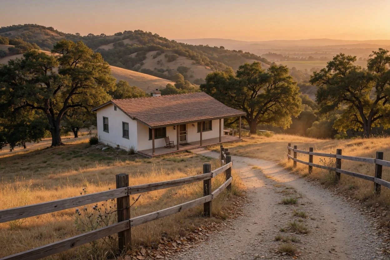 Ranch house nestled into Temecula oak hills at golden hour with split-rail fencing