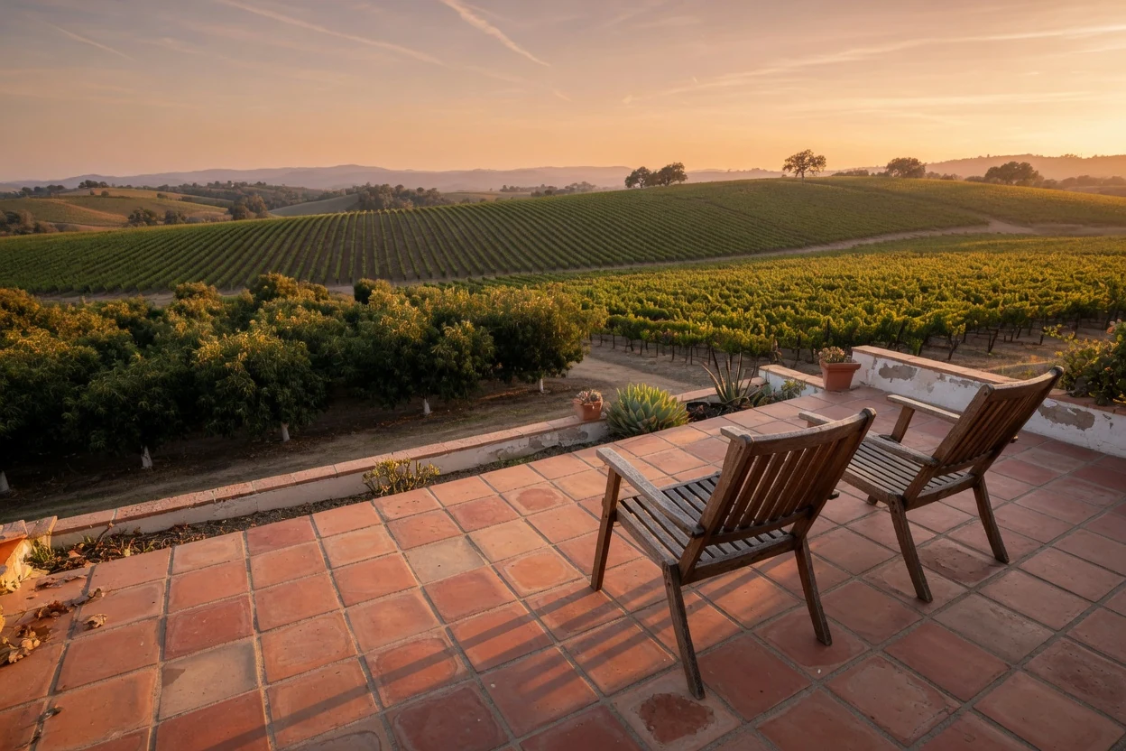 Terracotta patio with two empty chairs overlooking Temecula vineyard rows at golden hour
