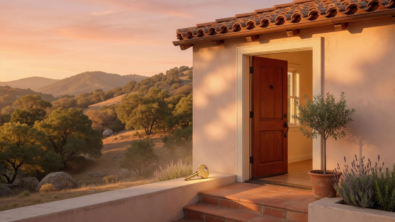 Open front door of a Spanish-style Temecula home at golden hour